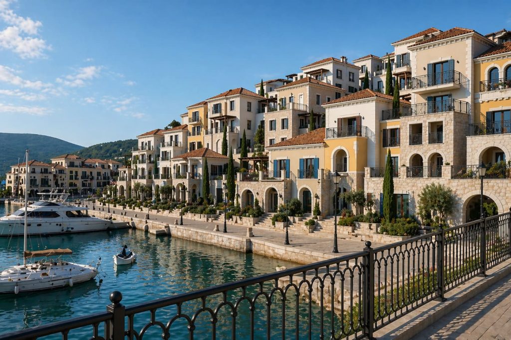 Luštica Bay Marina Resort u Crnoj Gori s obalnim objektima, marinom i metalnim ogradama koje je izvela Marana